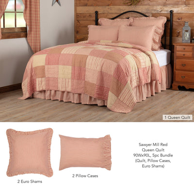 Sawyer Mill Red Queen Quilt 5pc Bundle (Quilt, Pillow Cases, Euro Shams) - Primitive Star Quilt Shop