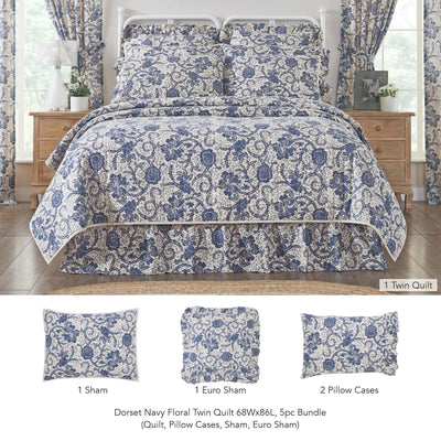 Dorset Navy Floral Twin Quilt 5pc Bundle (Quilt, Pillow Cases, Sham, Euro Sham) - Primitive Star Quilt Shop