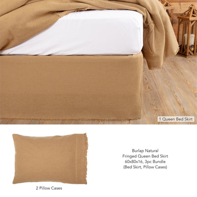 Burlap Natural Fringed Queen Bed Skirt 3pc Bundle (Bed Skirt, Pillow Cases) - Primitive Star Quilt Shop