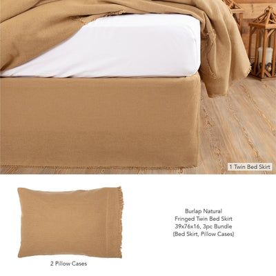 Burlap Natural Fringed Twin Bed Skirt 3pc Bundle (Bed Skirt, Pillow Cases) - Primitive Star Quilt Shop