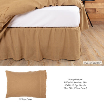 Burlap Natural Ruffled Queen Bed Skirt 3pc Bundle (Bed Skirt, Pillow Cases) - Primitive Star Quilt Shop