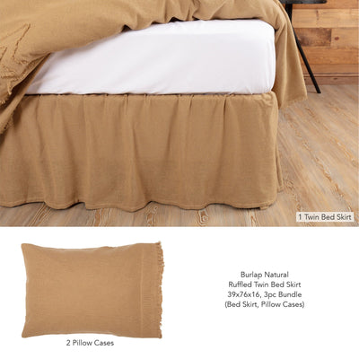 Burlap Natural Ruffled Twin Bed Skirt 3pc Bundle (Bed Skirt, Pillow Cases) - Primitive Star Quilt Shop