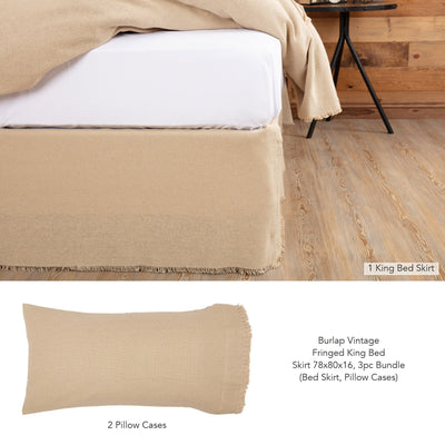 Burlap Vintage Fringed King Bed Skirt 3pc Bundle (Bed Skirt, Pillow Cases) - Primitive Star Quilt Shop