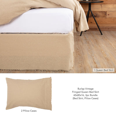 Burlap Vintage Fringed Queen Bed Skirt 3pc Bundle (Bed Skirt, Pillow Cases) - Primitive Star Quilt Shop