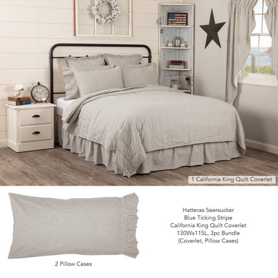 Hatteras Seersucker Blue Ticking Stripe California King Quilt Coverlet 3pc Bundle (Coverlet, Pillow Cases) - Primitive Star Quilt Shop