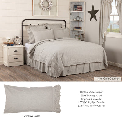 Hatteras Seersucker Blue Ticking Stripe King Quilt Coverlet 3pc Bundle (Coverlet, Pillow Cases) - Primitive Star Quilt Shop