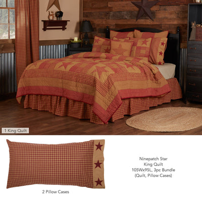 Ninepatch Star King Quilt 3pc Bundle (Quilt, Pillow Cases) - Primitive Star Quilt Shop
