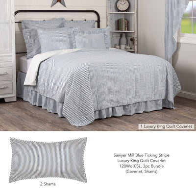 Sawyer Mill Blue Ticking Stripe Luxury King Quilt Coverlet 3pc Bundle (Coverlet, Shams) - Primitive Star Quilt Shop