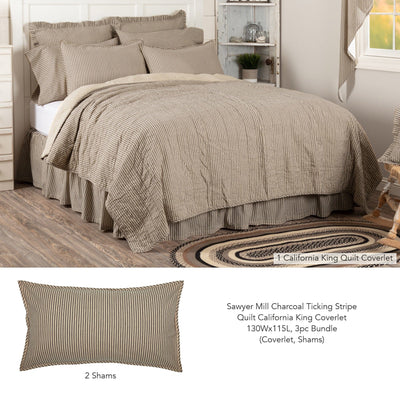 Sawyer Mill Charcoal Ticking Stripe Quilt California King Coverlet 3pc Bundle (Coverlet, Shams) - Primitive Star Quilt Shop