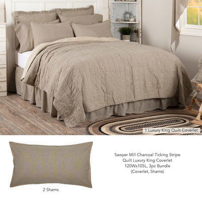 Sawyer Mill Charcoal Ticking Stripe Quilt Luxury King Coverlet 3pc Bundle (Coverlet, Shams) - Primitive Star Quilt Shop