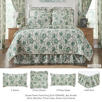 Dorset Green Floral King Quilt 8pc Bundle (Quilt, Bed Skirt, Pillow Cases, Shams, Euro Shams) - Primitive Star Quilt Shop