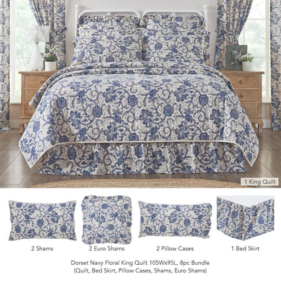 Dorset Navy Floral King Quilt 8pc Bundle (Quilt, Bed Skirt, Pillow Cases, Shams, Euro Shams) - Primitive Star Quilt Shop