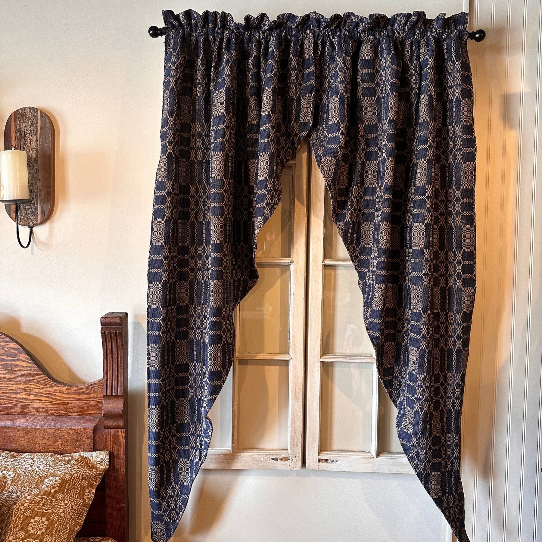 Pine Creek Autumn Frost Navy and Tan Woven Long Swag Curtain 63