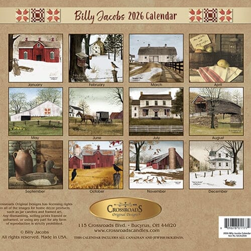 CWI Primitive Country Wall Calendar and Hanger Set - Billy Jacobs 2026