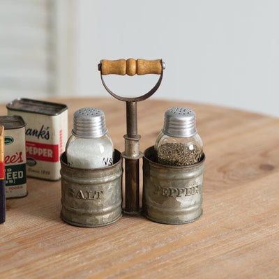 Galvanized Salt and Pepper Caddy with Wood Handle - Primitive Star Quilt Shop