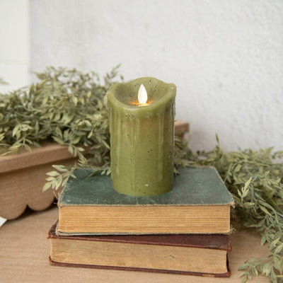 Moving Flame Battery Timer Pillar Candle – Green 5” - Primitive Star Quilt Shop