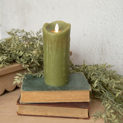 Moving Flame Battery Timer Pillar Candle - Green 7" - Primitive Star Quilt Shop