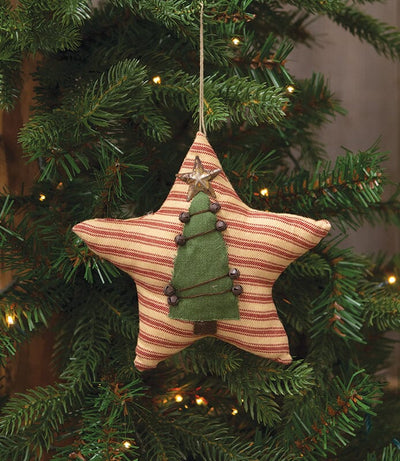 Primitive Tree Red Ticking Star Ornament - Primitive Star Quilt Shop