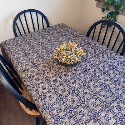 Saratoga Navy and Tan Woven Table Cloth 52" - Primitive Star Quilt Shop