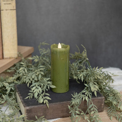 Moving Flame Battery Timer Skinny Pillar Candle – Green 2x5” - Primitive Star Quilt Shop