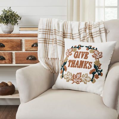 Wheat Plaid Give Thanks Pillow 18" Filled - Primitive Star Quilt Shop