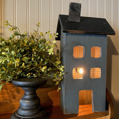 Wooden Saltbox Light Up House - Medium in Distressed Blue - Primitive Star Quilt Shop