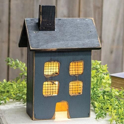 Wooden Saltbox Light Up House - Small in Distressed Blue - Primitive Star Quilt Shop