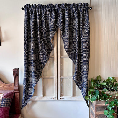 Nantucket Navy and Tan Woven Long Swag Curtain 63" - Primitive Star Quilt Shop