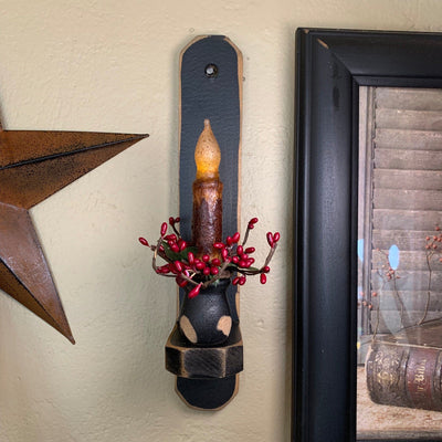 12" Black Wood Sconce - 4" Mustard Grungy Timer Taper Candle Burgundy- Primitive Star Quilt Shop