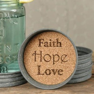 Faith Hope Love Mason Jar Lid Coaster - Set of 4 - Primitive Star Quilt Shop