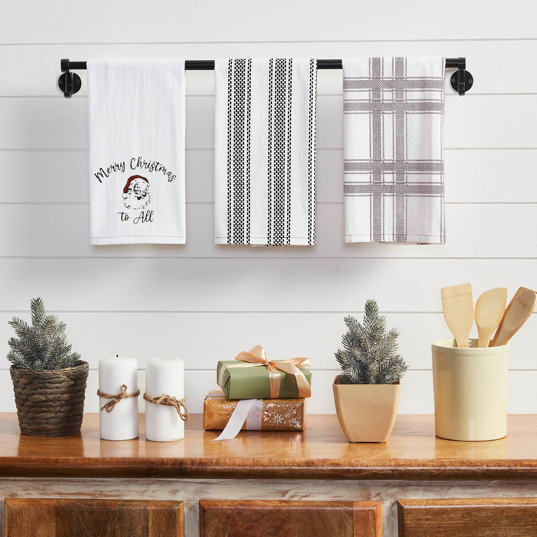 Timeless Ticking Red Embroidered Christmas Tree Tea Towel - Farmhouse Holiday Kitchen Decor