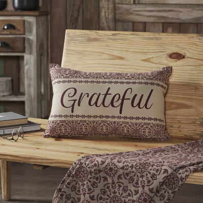 Custom House Burgundy Woven "Grateful" Pillow 14x22" - Primitive Star Quilt Shop