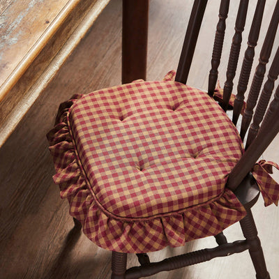 Burgundy Check Ruffled Chair Pad 16.5x18" - Primitive Star Quilt Shop