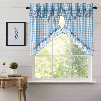 Annie Blue Buffalo Check Ruffled Lined Prairie Swag Curtains - Primitive Star Quilt Shop