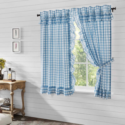 Annie Blue Buffalo Check Ruffled Lined Short Panel Curtains 63" - Primitive Star Quilt Shop