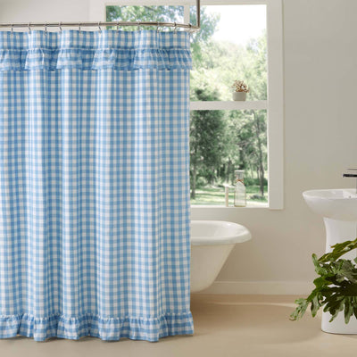 Annie Blue Buffalo Check Ruffled Shower Curtain - Primitive Star Quilt Shop