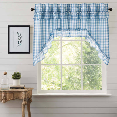Annie Blue Buffalo Check Ruffled Lined Swag Curtains - Primitive Star Quilt Shop