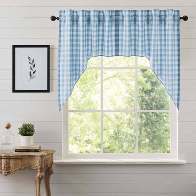Annie Blue Buffalo Check Lined Swag Curtains - Primitive Star Quilt Shop