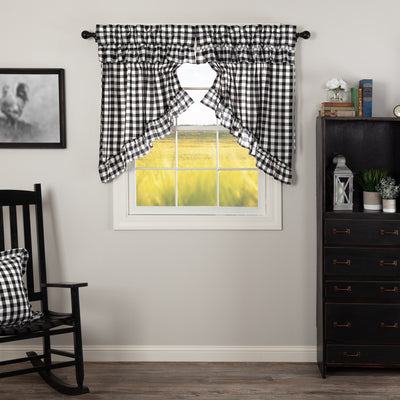 Annie Buffalo Check Black Ruffled Lined Prairie Swag Curtains - Primitive Star Quilt Shop