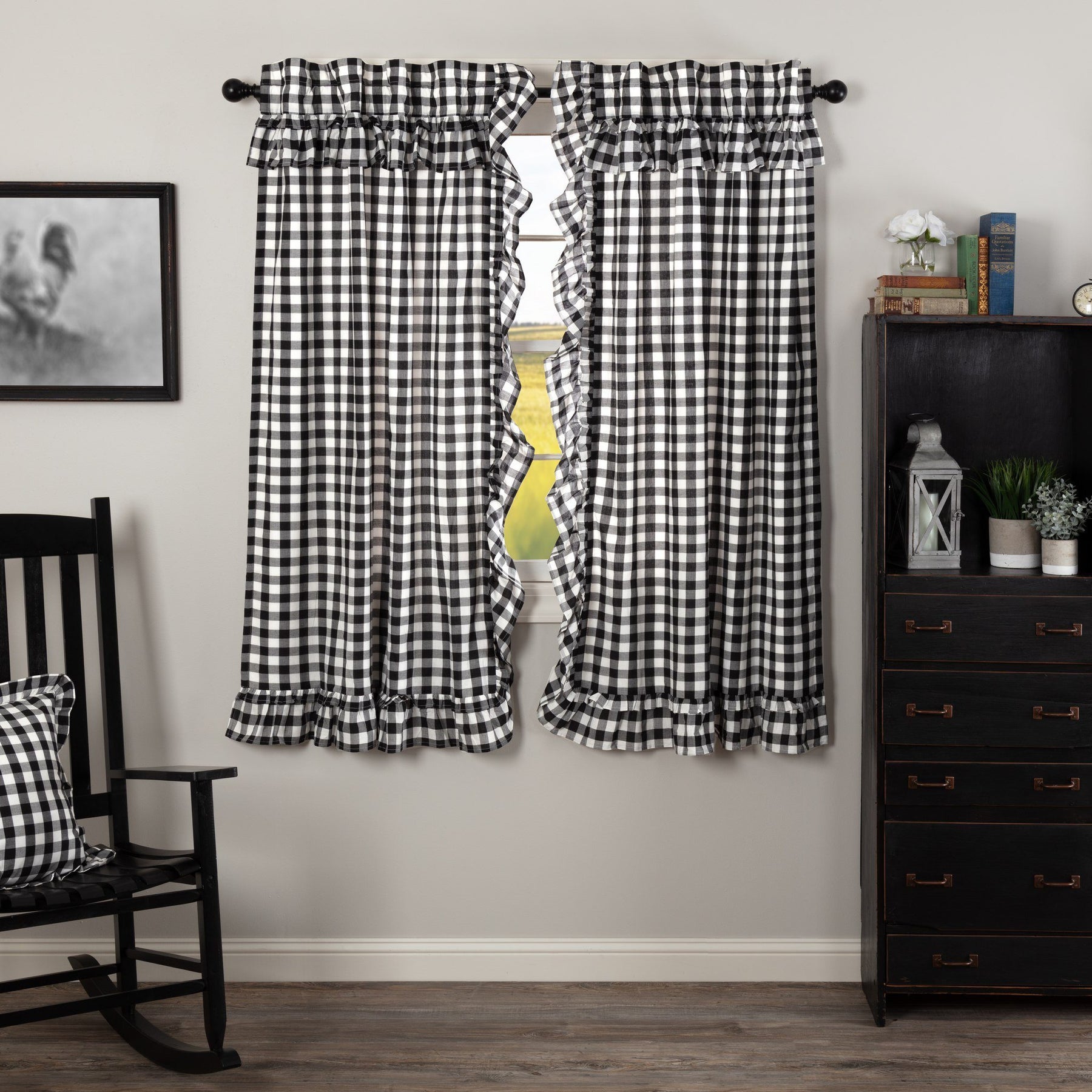 Annie Buffalo Check Black Ruffled Lined Short Panel Curtains 63