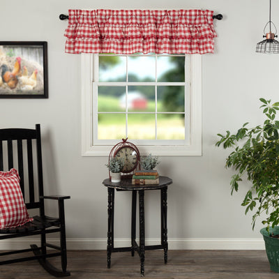 Annie Buffalo Red Check Ruffled Lined Valance 72" - Primitive Star Quilt Shop
