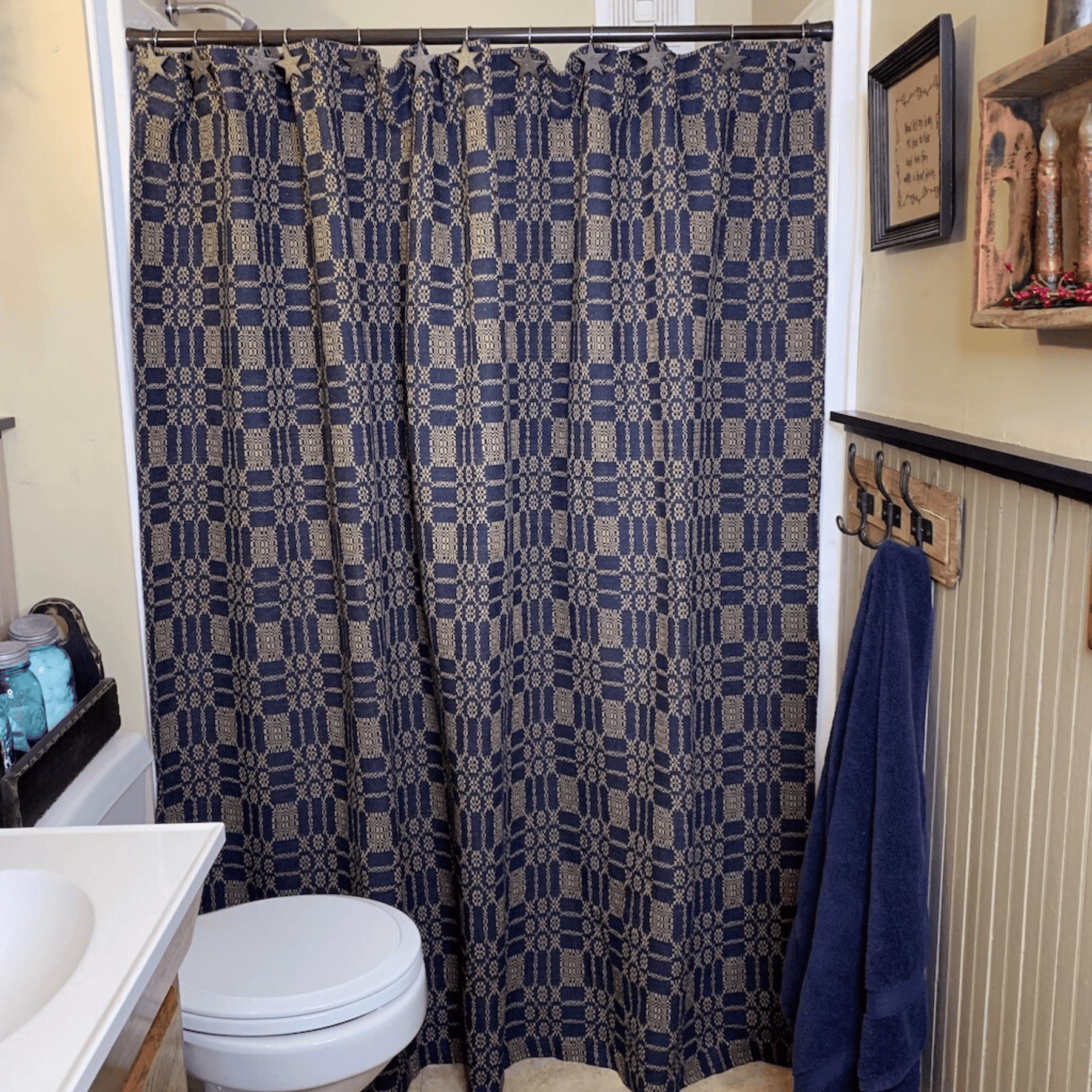 Navy and deals tan shower curtain