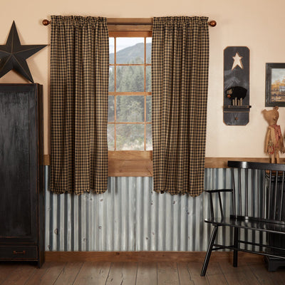 Black Check Scalloped Lined Short Panel Curtains 63" - Primitive Star Quilt Shop