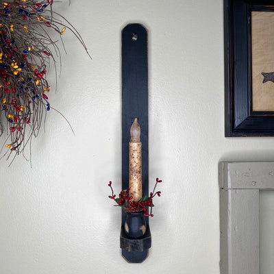 18" Black Wood Sconce - Grungy Ivory Timer Candle Ivory / Burgundy- Primitive Star Quilt Shop