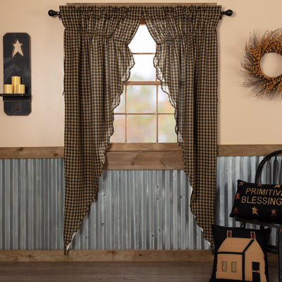Black Check Scalloped Lined Long Prairie Curtains 84" - Primitive Star Quilt Shop