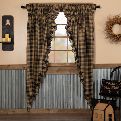 Black Star Scalloped Lined Long Prairie Curtains 84" - Primitive Star Quilt Shop
