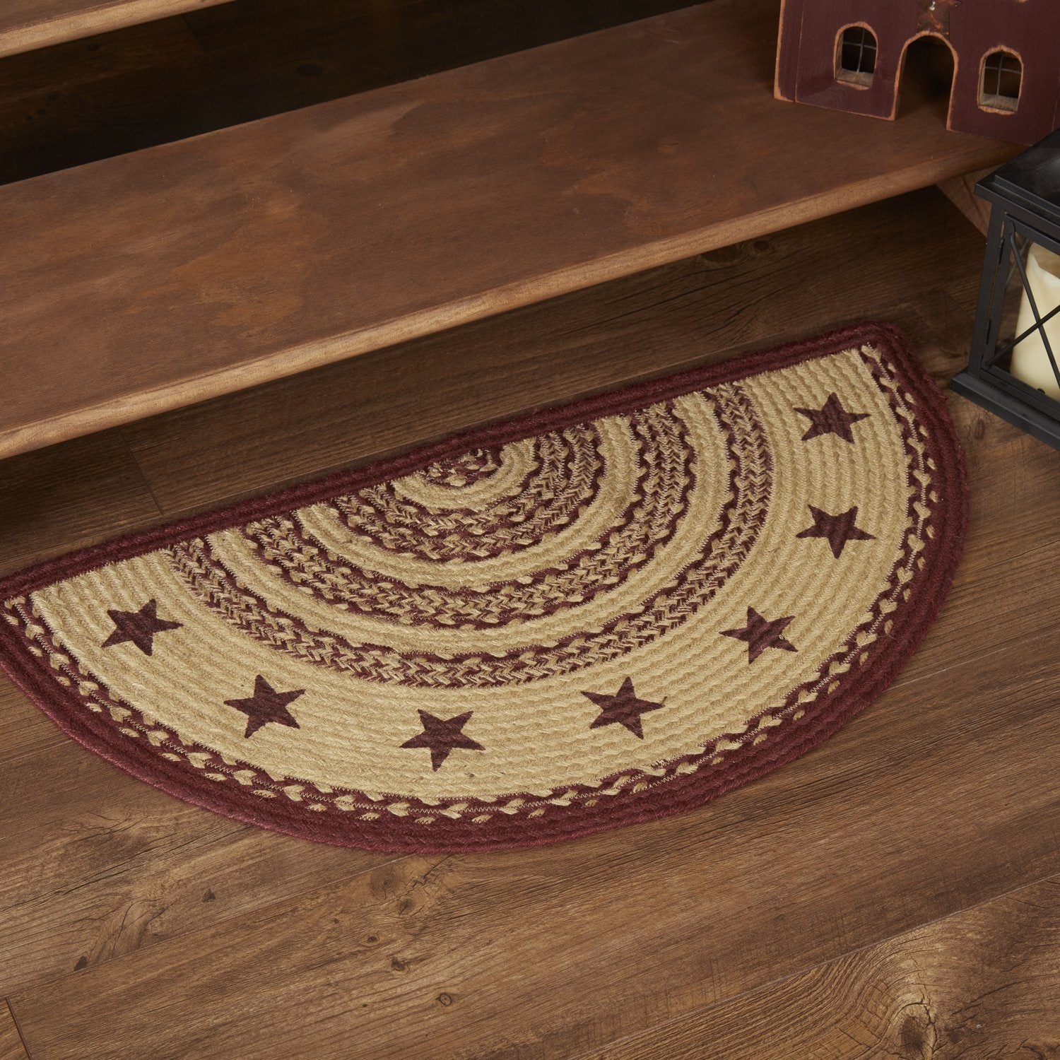 Burgundy and Tan Stencil Star Half Circle Braided Rug 16.5x33