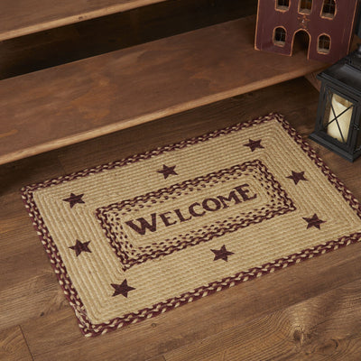 Burgundy and Tan "Welcome" Rectangle Braided Rug 20x30" with pad - Primitive Star Quilt Shop