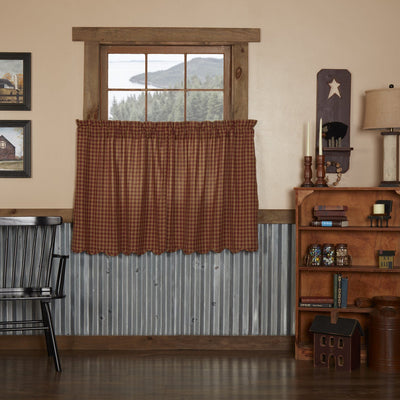 Burgundy Check Scalloped Lined Tier Curtains 36" - Primitive Star Quilt Shop