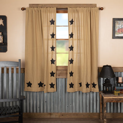 Burlap Natural Black Stencil Star Short Panel Curtains 63" - Primitive Star Quilt Shop